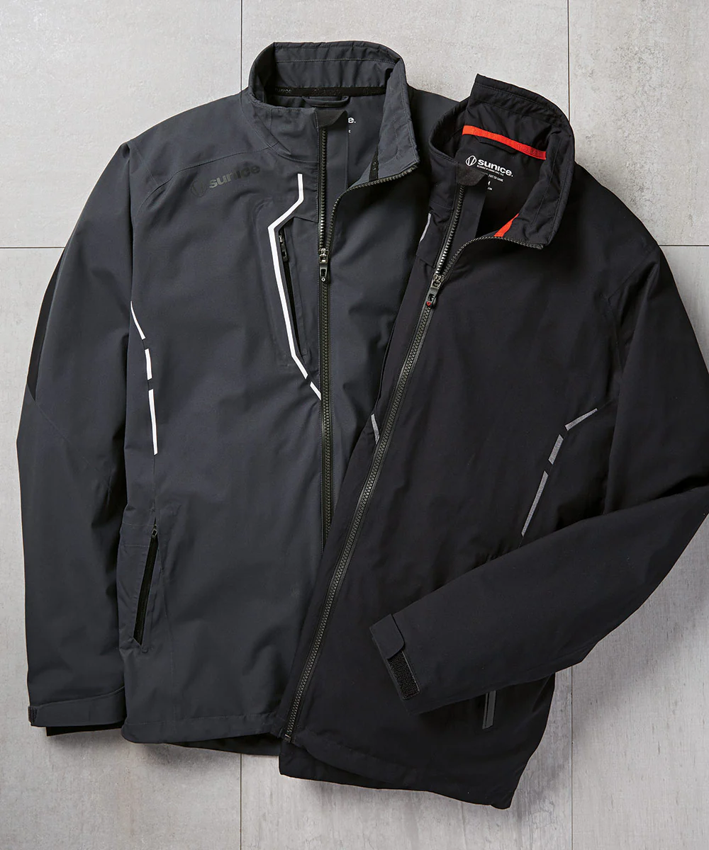 Two black Sunice performance jackets displayed on a flat surface, featured in the Sunice clearance sale up to 70% off.