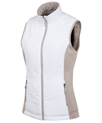 Women's reversible lightweight zip-front golf vest in beige and white with stand collar and stretch side panels.