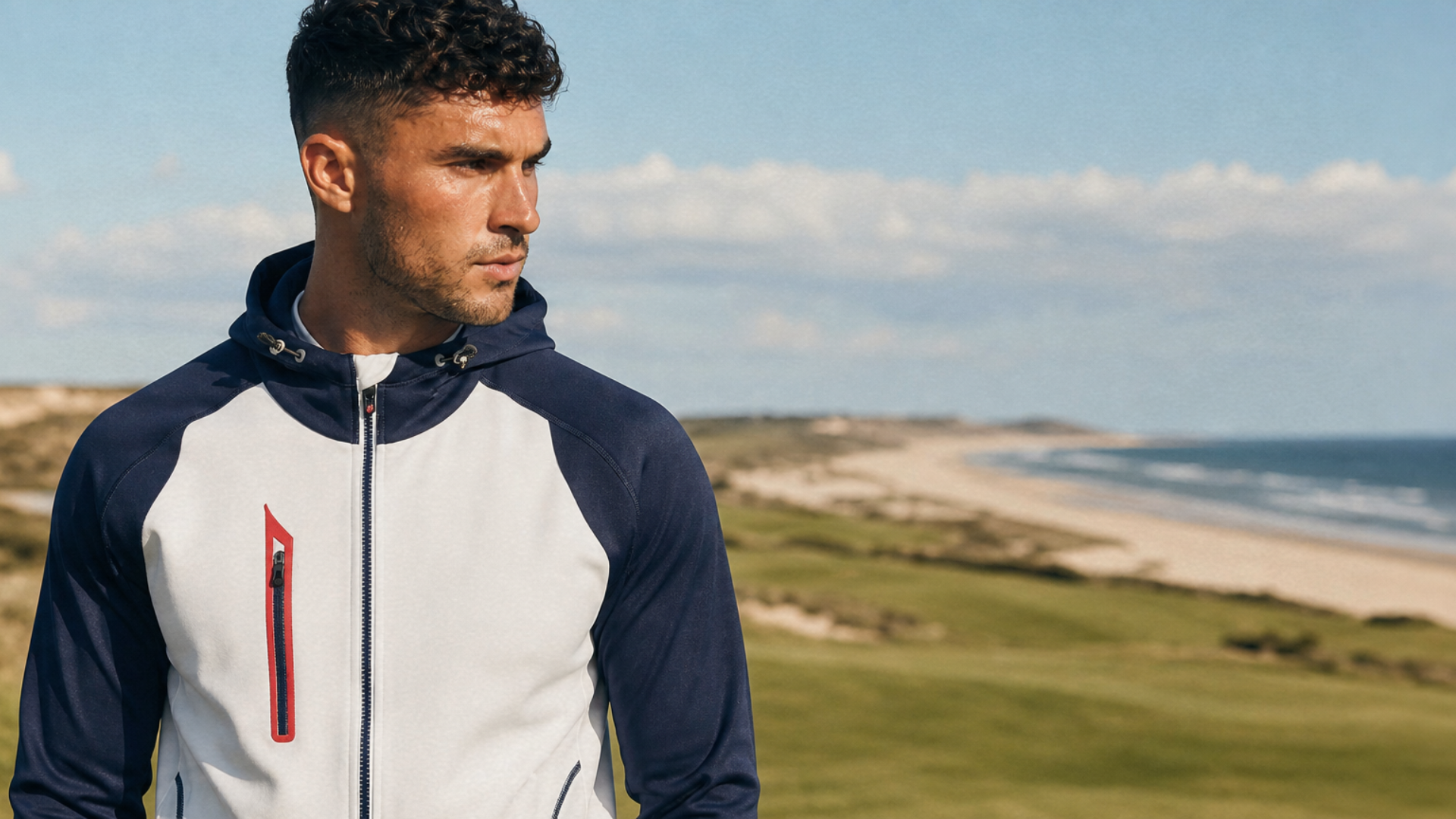 Model wearing a white and navy Sunice hooded jacket with red zipper detail at a coastal golf course.