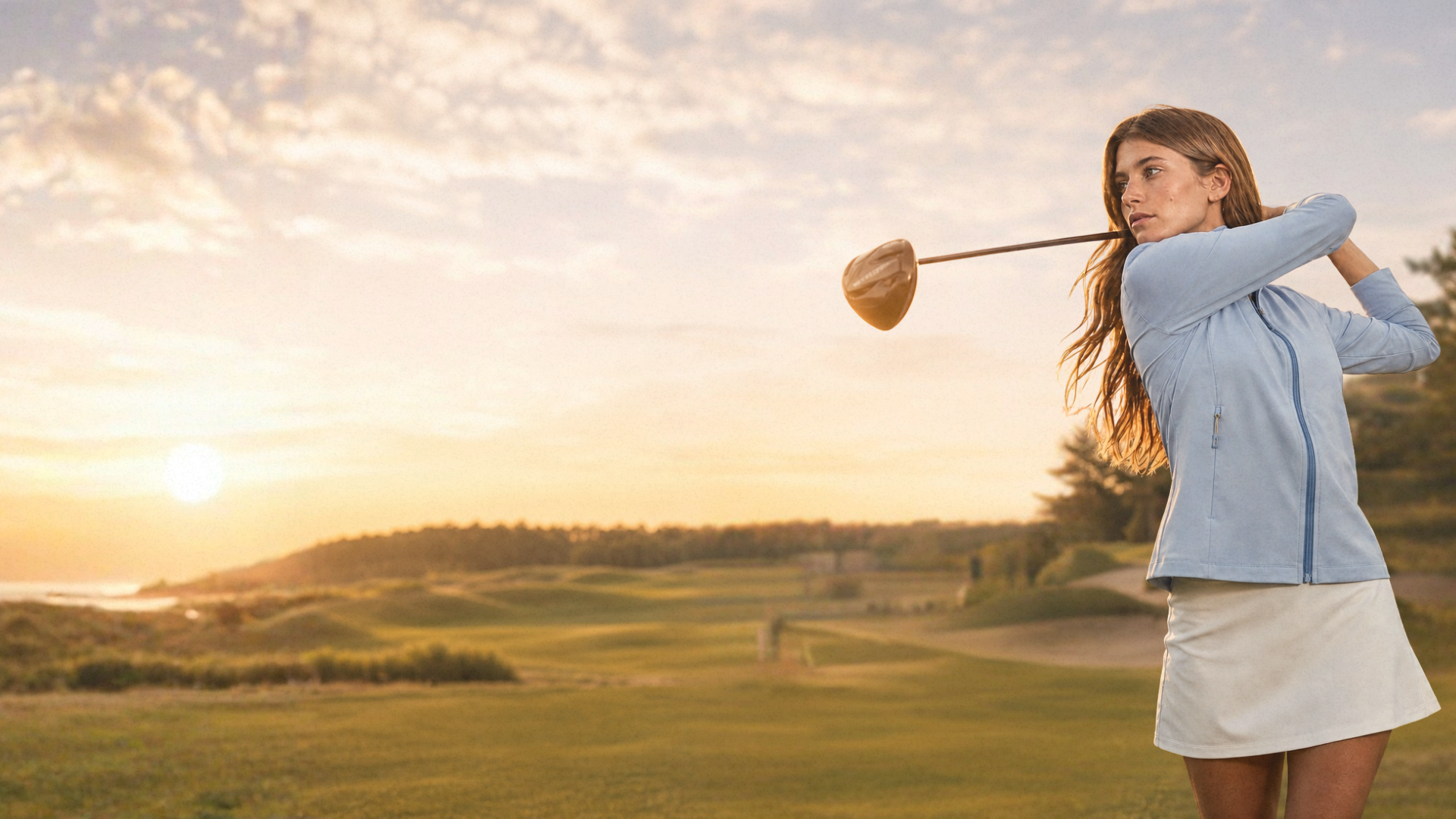 Sunice Women’s Blue Aerosoft Performance Golf Jacket worn during a golf swing at sunset on a championship golf course.