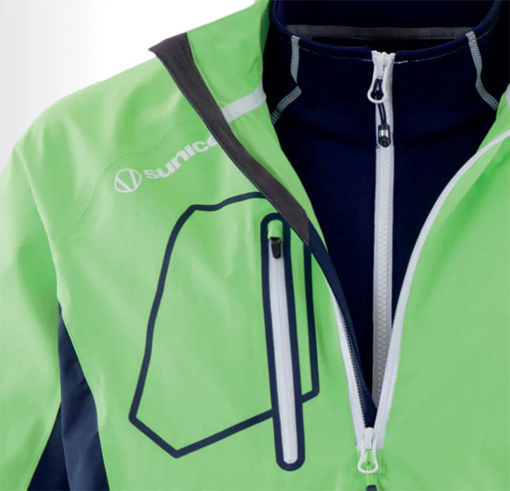 Green jacket with a zipper and visible brand logo on a white background