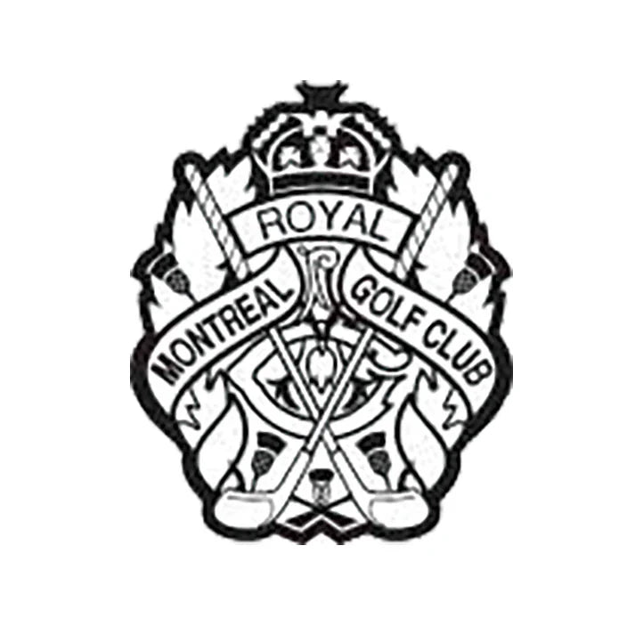 Logo of the Royal Montreal Golf Club with crossed golf clubs and a crown on a white background.