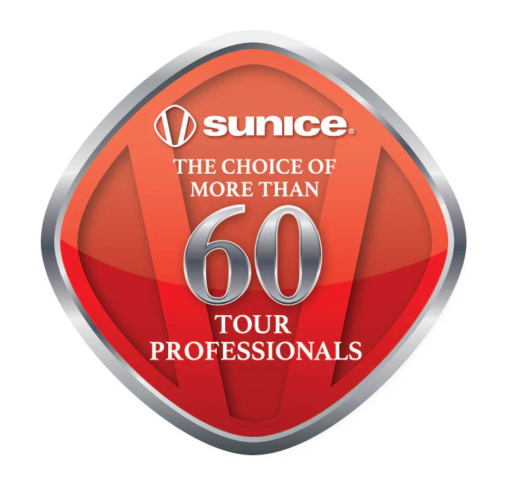 Sunice logo with text 'The Choice of More Than 60 Tour Professionals' on a red and orange background