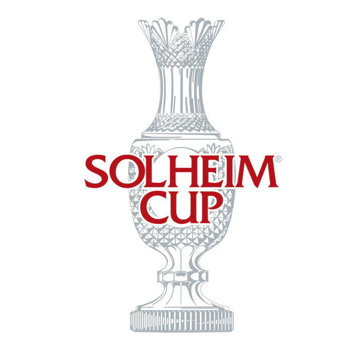 Decorative illustration of the Solheim Cup trophy with red text on a white background